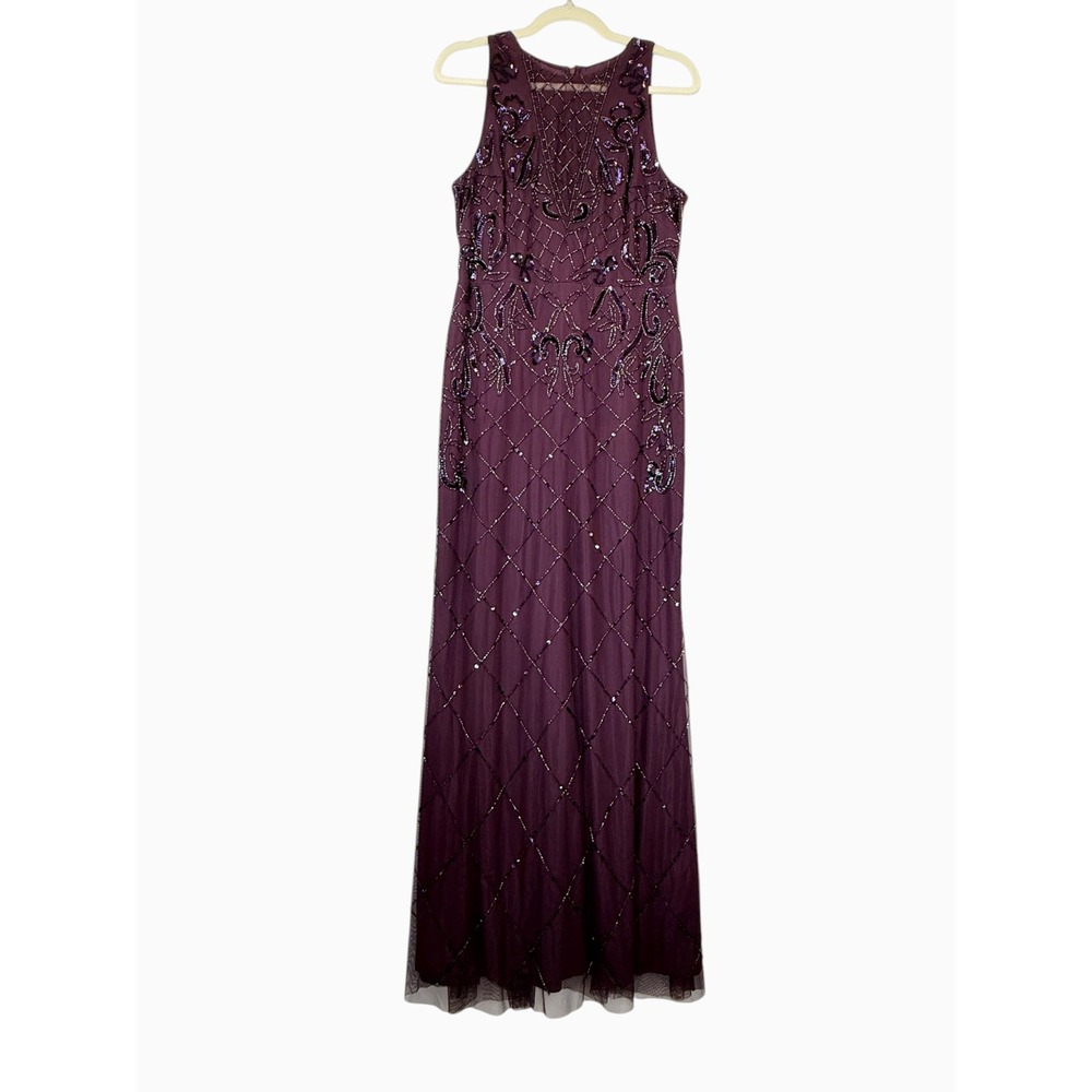 Papell Boutique Size 8 Night Plum Beaded Sequin Formal Evening Gown NWT